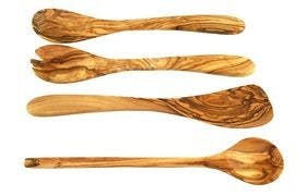 4-teiliges Kochlöffelset: Kochlöffel rund, Pfannenwender ohne Löcher, Salatbesteck aus Olivenholz