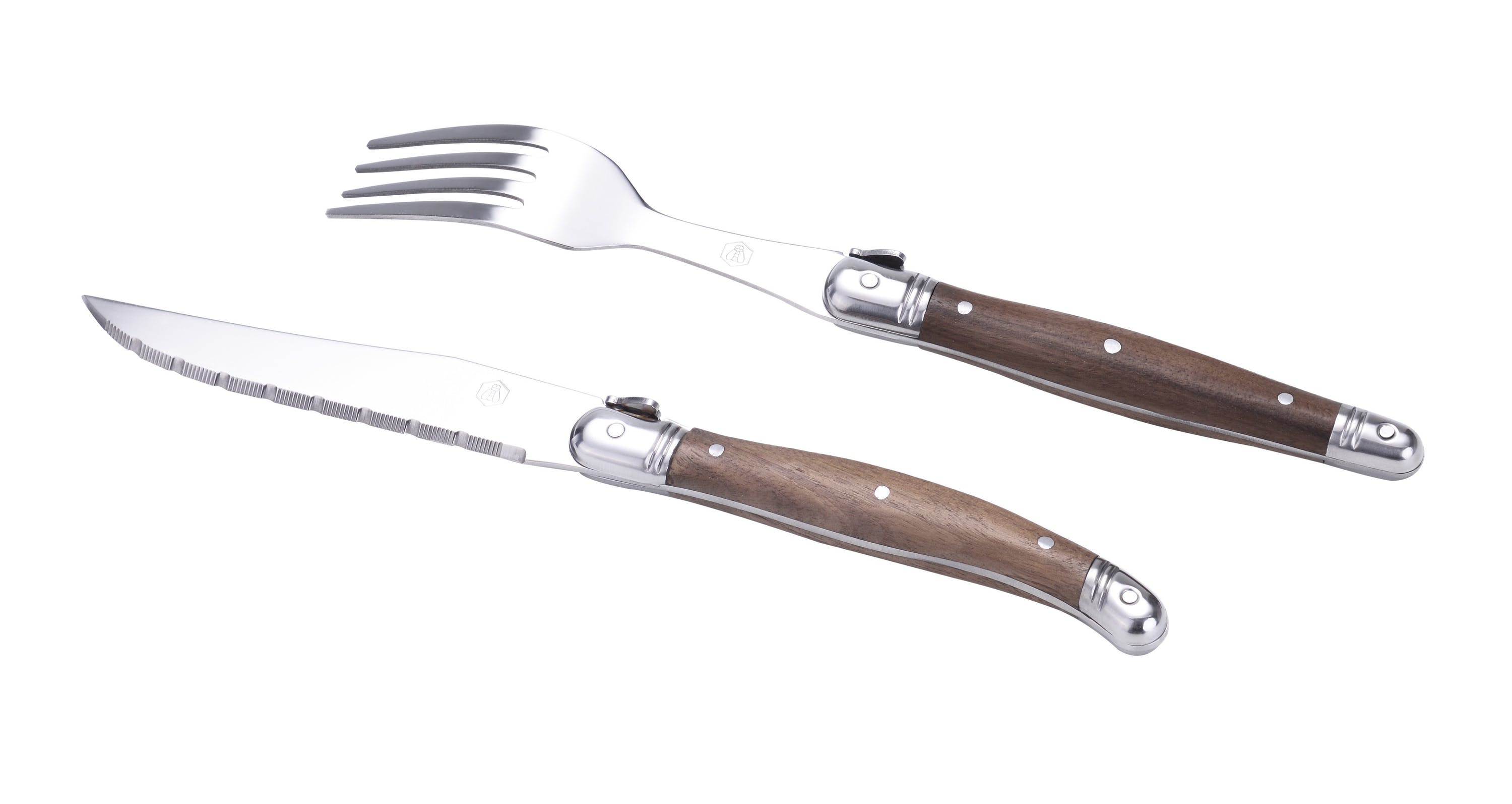 Set mit je 6 Stück Steakmesser, Gabeln und einem Holzständer von Laguiole