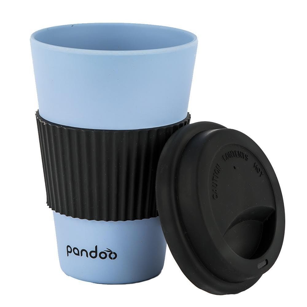 Mehrweg- Kaffebecher aus Bambus - mit Hitzeschutz aus Silikon und Deckel - Pastellblau
