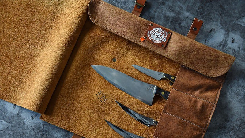 Handgefertigte Messertasche - Rolltasche Utah aus echtem Büffelleder -5 Fächer - braun